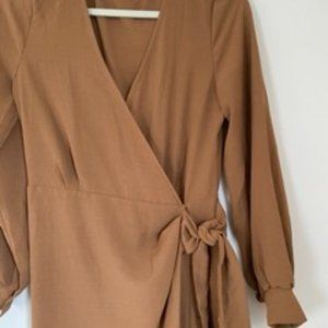 All In Favor - Wrap Midi Dress in Camel - Size Small